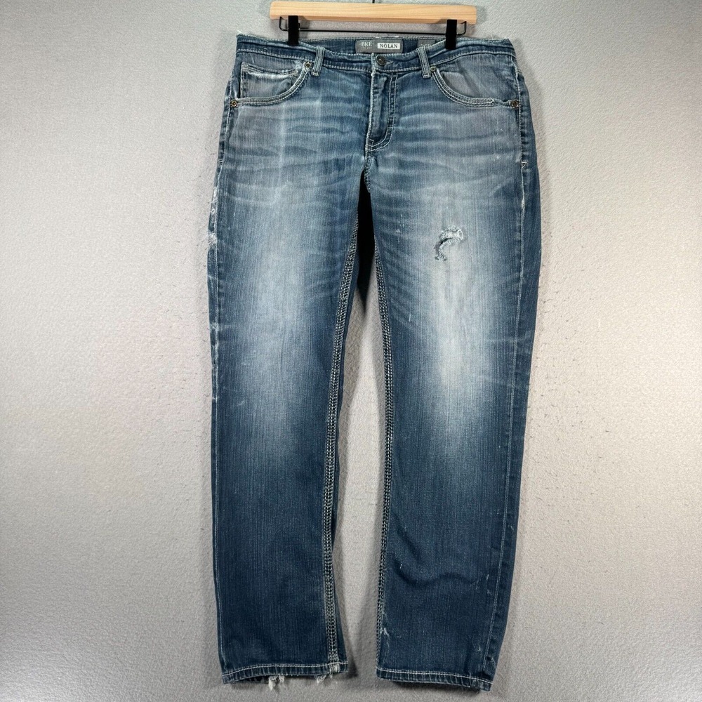 BKE Nolan Jeans Mens 36R Straight Leg Blue Medium Wash Distressed Denim 3716